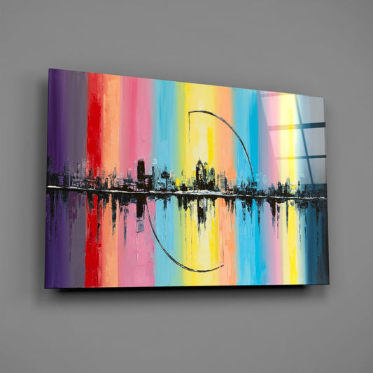 Rainbow Stripes City Reflection Glass Wall Art