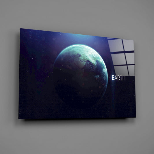 Glowing Earth Planet Text Glass Wall Art