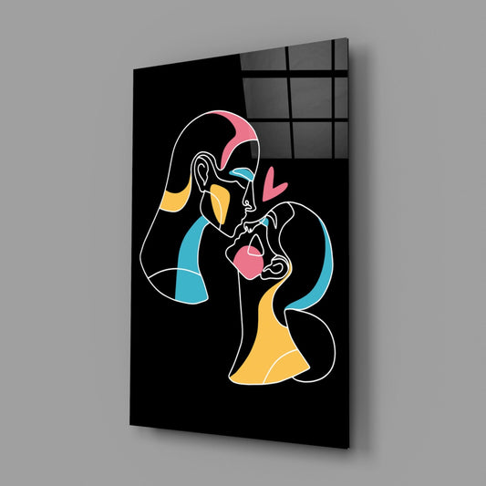 Kissing Couple Line Art Glass Wall Art