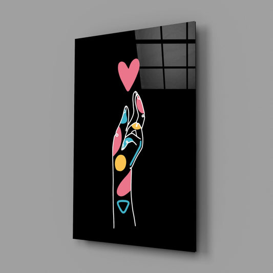 Pink Heart Reaching Line Art Hand Glass Wall Art