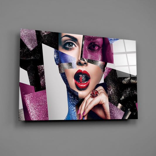 Glitter Collage Red Lips Glass Wall Art
