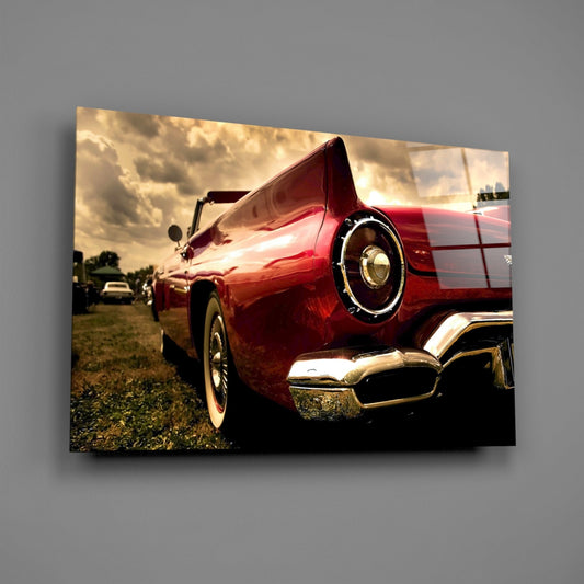 Crimson Tailfin Classic Car Sunset Glass Wall Art