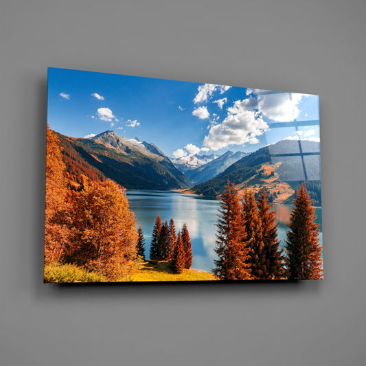 Autumn Alpine Lake Valley Glass Wall Art
