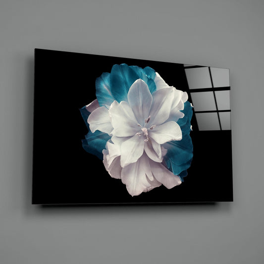 White and Teal Layered Blossom Glass Wall Art
