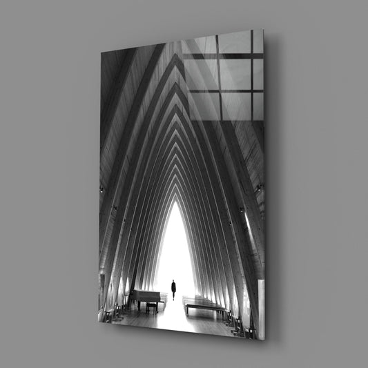 Black and White Arched Chapel Corridor Glass Wall Art