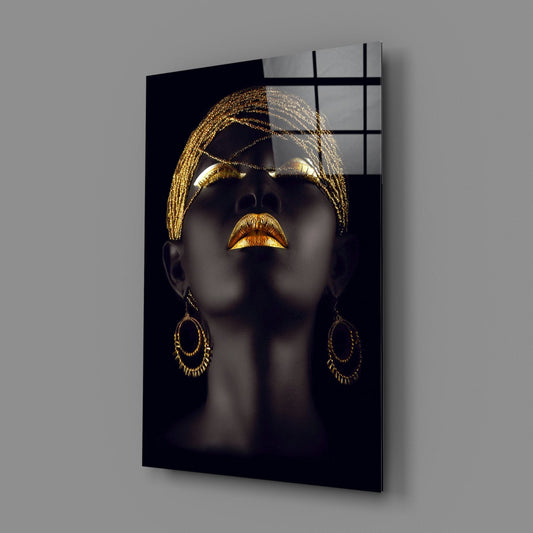 Gold Beaded Headdress Woman Glass Wall Art