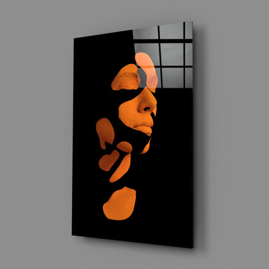 Orange Fragmented Face on Black Glass Wall Art