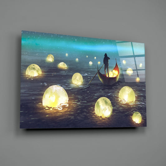 Aurora Night Moon Harvest Rowboat Glass Wall Art