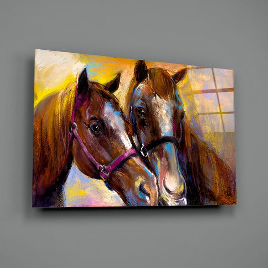 Bridled Horse Pair Golden Paint Glass Wall Art