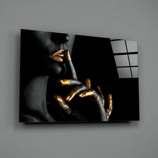 Gold Lips Hush Gesture on Black Panel Glass Wall Art