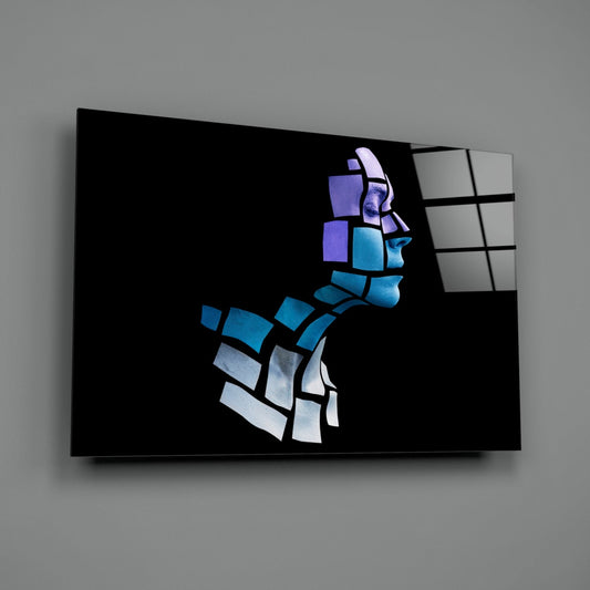 Blue Cube Mosaic Face Profile Glass Wall Art