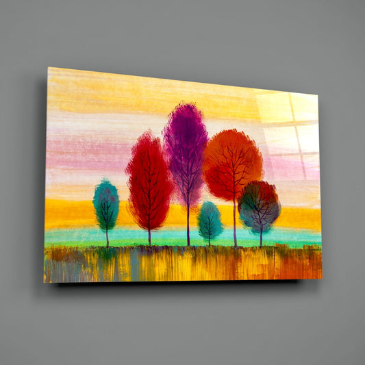 Slender Trees Golden Sunset Sky Glass Wall Art