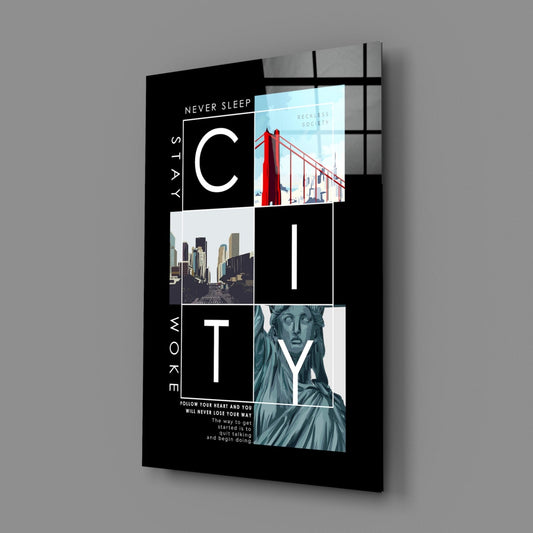 City Typography Landmark Collage Poster Glass Wall Art