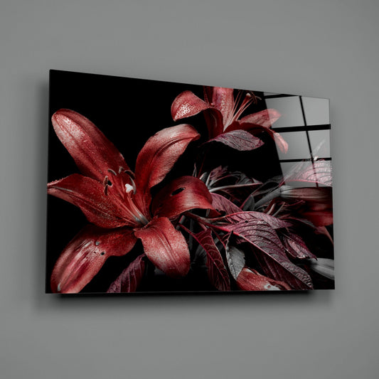 Crimson Dewy Lilies on Black Glass Wall Art