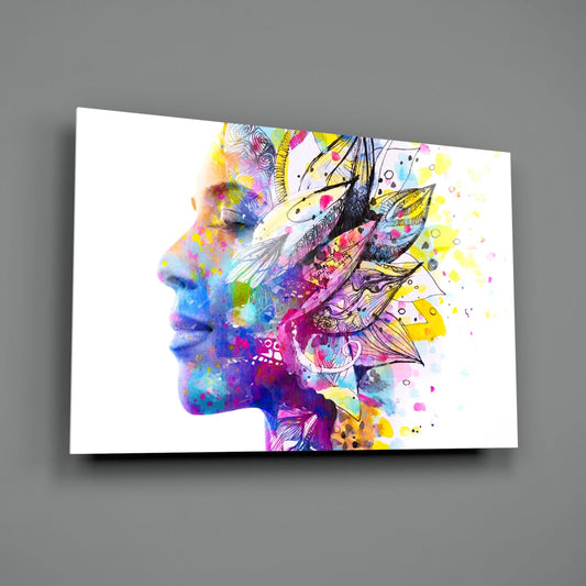 Watercolor Feather Bloom Face Profile Glass Wall Art
