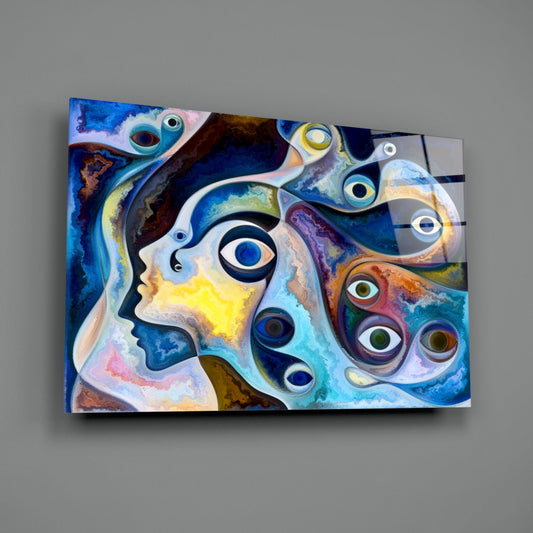 Surreal Blue Faces Eyes Glass Wall Art