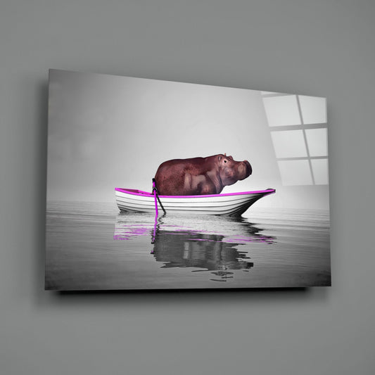 Hippo in Magenta Boat on Misty Lake Glass Wall Art