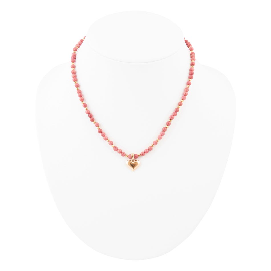 Pink Rhodonite and Golden Bronze Heart Pendant Necklace Otarealm