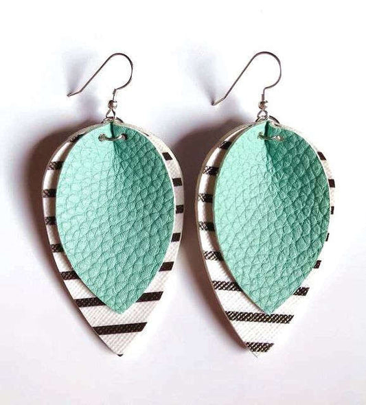 Mint Striped Leather Drop Earrings Otarealm