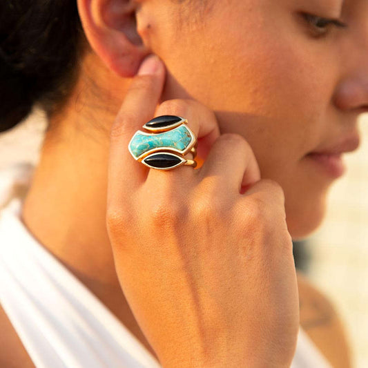 Puzzle Blue Turquoise and Black Onyx Golden Ring Set Otarealm