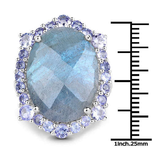 13.99 Carat Genuine Labradorite and Tanzanite .925 Sterling Silver Ring Otarealm