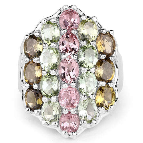 6.74 Carat Genuine Brown Tourmaline, Pink Tourmaline & Green Tourmaline .925 Sterling Silver Ring Otarealm