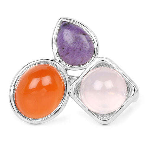 5.21 Carat Genuine Rose Quartz, Carnelian And Charolite .925 Sterling Silver Ring Otarealm