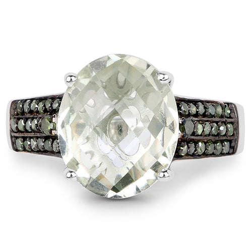 4.41 Carat Genuine Green Amethyst and Green Diamond .925 Sterling Silver Ring Otarealm