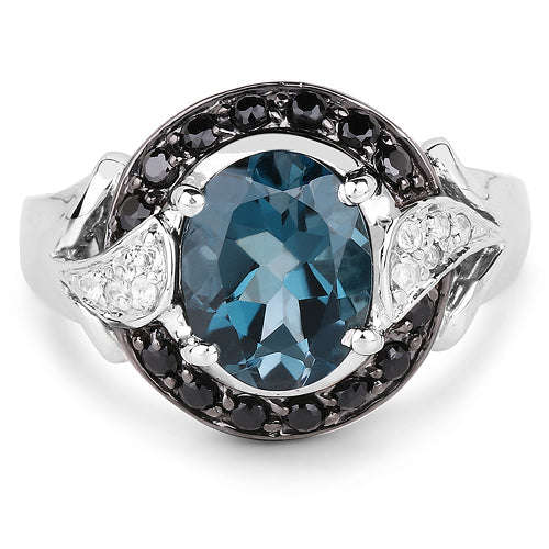 4.27 Carat Genuine London Blue Topaz, Black Spinel & White Topaz .925 Sterling Silver Ring Otarealm