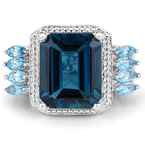 8.17 Carat Genuine London Blue Topaz and Swiss Blue Topaz .925 Sterling Silver Ring Otarealm