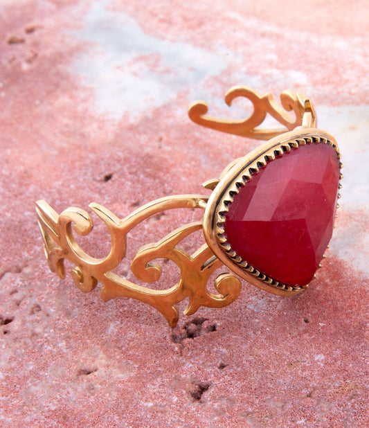 Red Bordeaux Quartz Golden Statement Cuff Bracelet Otarealm