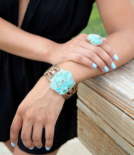 Refined Blue Turquoise Golden Statement Ring Otarealm