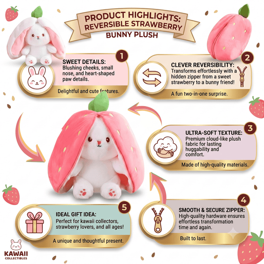 Reversible Strawberry Bunny Plush Toy Soft Polyester Stuffed Animal for Kids Hide and Seek Transforming Toy Otarealm