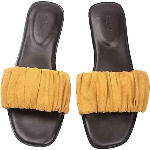 Roxoni Women's Ruched Fabric Slide Sandals Open Toe Flat Sandals with Heel Cushion Otarealm
