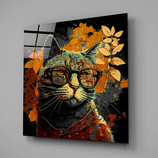Black Backdrop Cat in Glasses Glass Wall Art