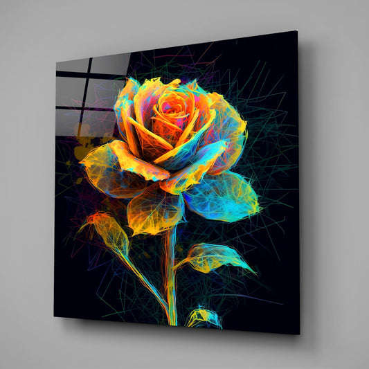 Neon Wireframe Rose Black Glass Wall Art