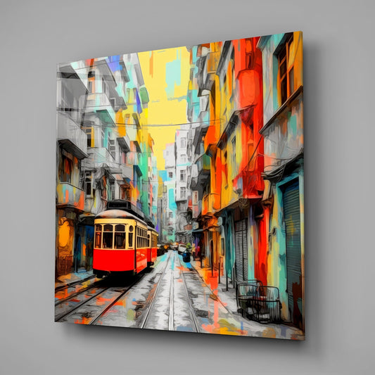 Red Tram Colorful Painted Street Glass Wall Art