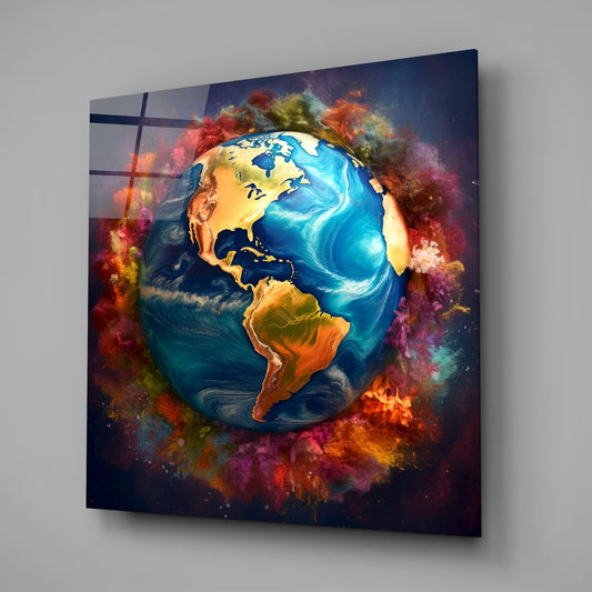 Earth Globe in Color Powder Clouds Glass Wall Art