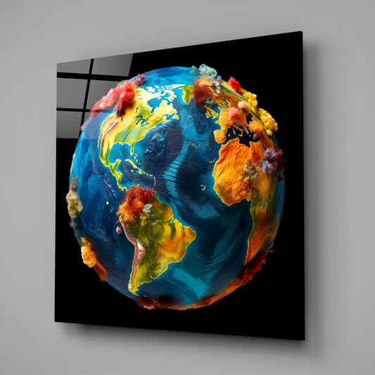 Painted Globe Color Bursts on Black Glass Wall Art