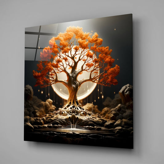 Autumn Orange Tree Of Life Full Moon Glass Wall Art