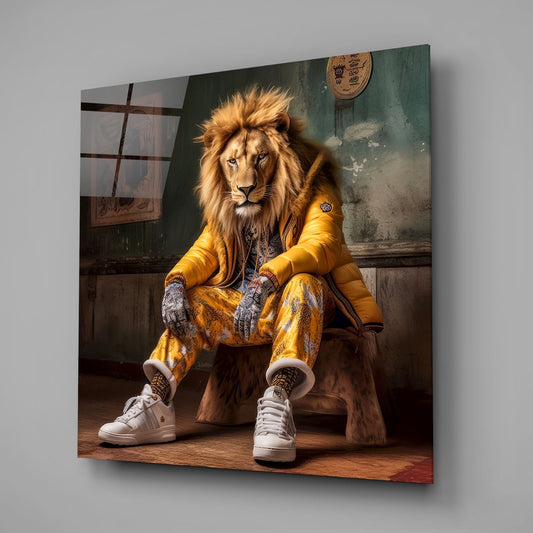 Lion In Yellow Puffer Jacket Sneakers Glass Wall Art