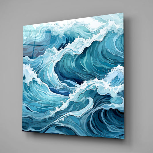 Cresting Teal Ocean Waves Glass Wall Art