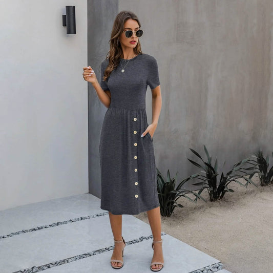 Slant Pocket Button Detail Dress Otarealm