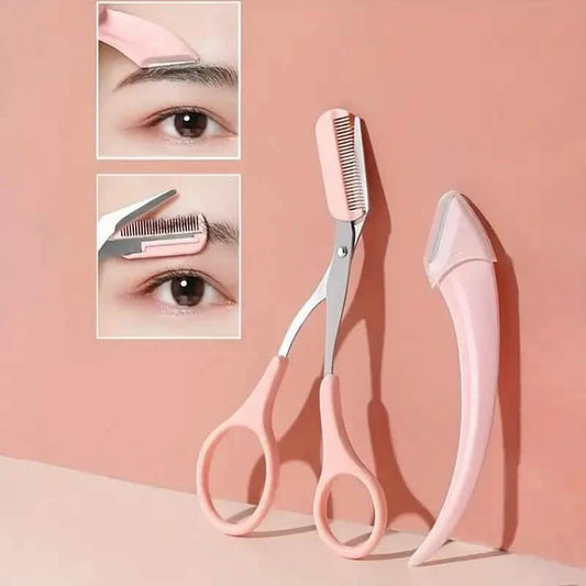 Stainless Steel Eyebrow Trimmer Set, Curved Eyebrow Razor and Scissors With Comb