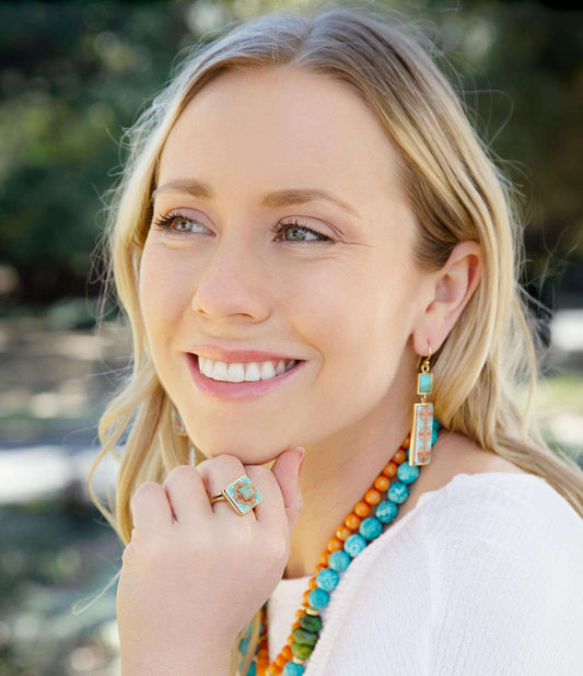 Talavera Tile and Blue Turquoise Golden Dangle Earrings Otarealm