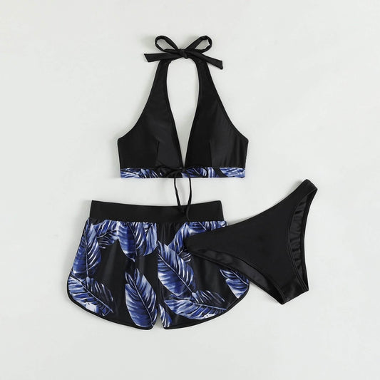 Tropical Print Halter Bikini Swimsuit with Swim Short Otarealm