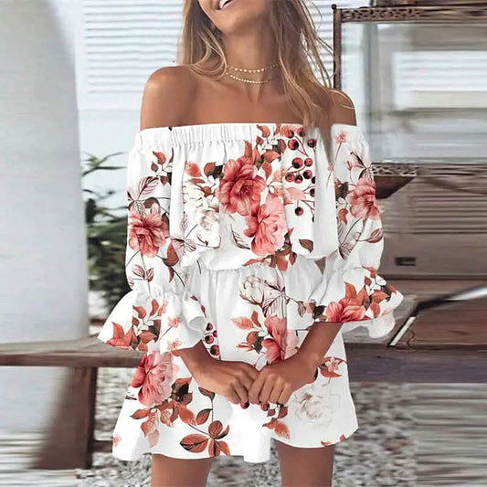 Women's 3/4 Length Sleeve Floral Ruffle Summer Spring Off Shoulder Dress Otarealm