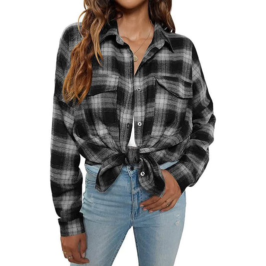 Women's Button Flannel Shirt Plaid Long Sleeve Top Otarealm