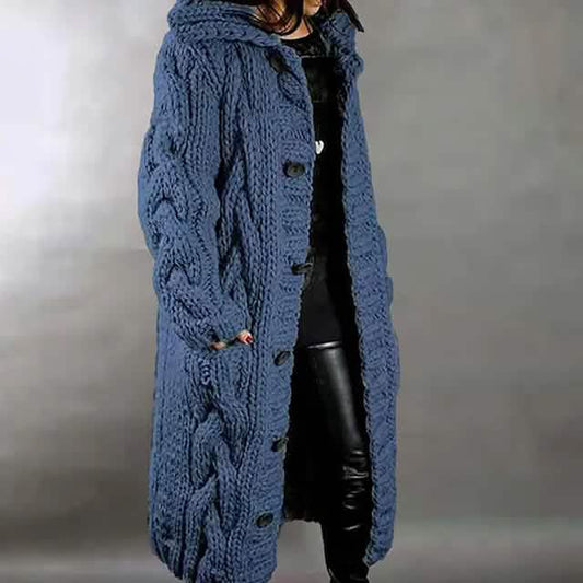 Women's Cardigan Sweater Jumper Cable Chunky Knit Hooded Solid Color Open Front Otarealm