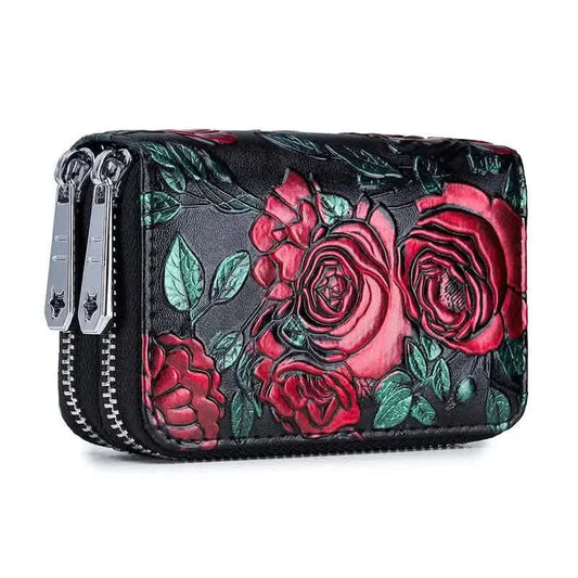 Women's Floral Faux Leather Double Zipper Card Holder and Coin Purse Otarealm